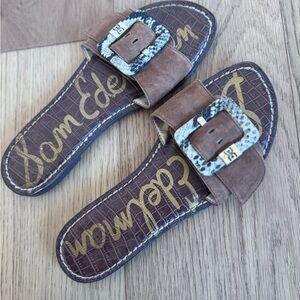 Sam Edelman Brown Slides with Snake Print Buckle